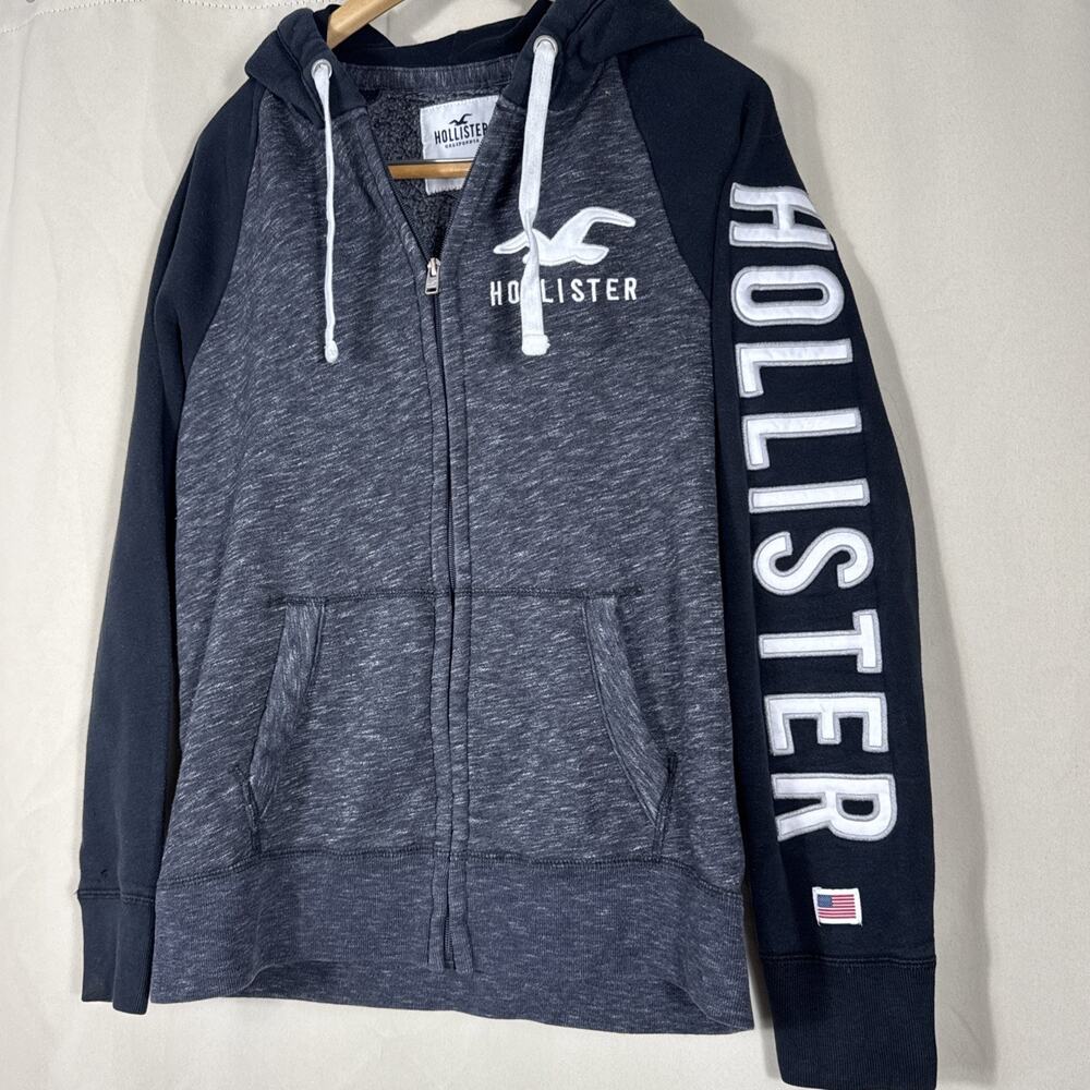 Y2K Hollister Mens S Full Zip Hoodie Navy Logo Sleeve Applique Preppy
